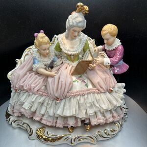 Dresden Porcelain Lace Figurine Mother w/ Children Reading STORY TIME Nostalgia